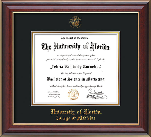 Image of University of Florida Diploma Frame - Cherry Lacquer - w/UF Embossed Seal & College of Medicine Name - Black on Gold mat