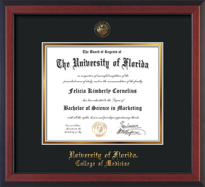Image of University of Florida Diploma Frame - Cherry Reverse - w/UF Embossed Seal & College of Medicine Name - Black on Gold mat
