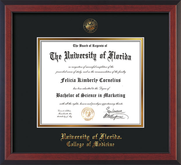 Image of University of Florida Diploma Frame - Cherry Reverse - w/UF Embossed Seal & College of Medicine Name - Black on Gold mat
