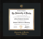 Image of University of Florida Diploma Frame - Flat Matte Black - w/UF Embossed Seal & College of Medicine Name - Black on Gold mat