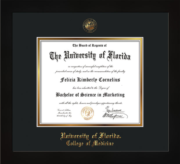 Image of University of Florida Diploma Frame - Flat Matte Black - w/UF Embossed Seal & College of Medicine Name - Black on Gold mat