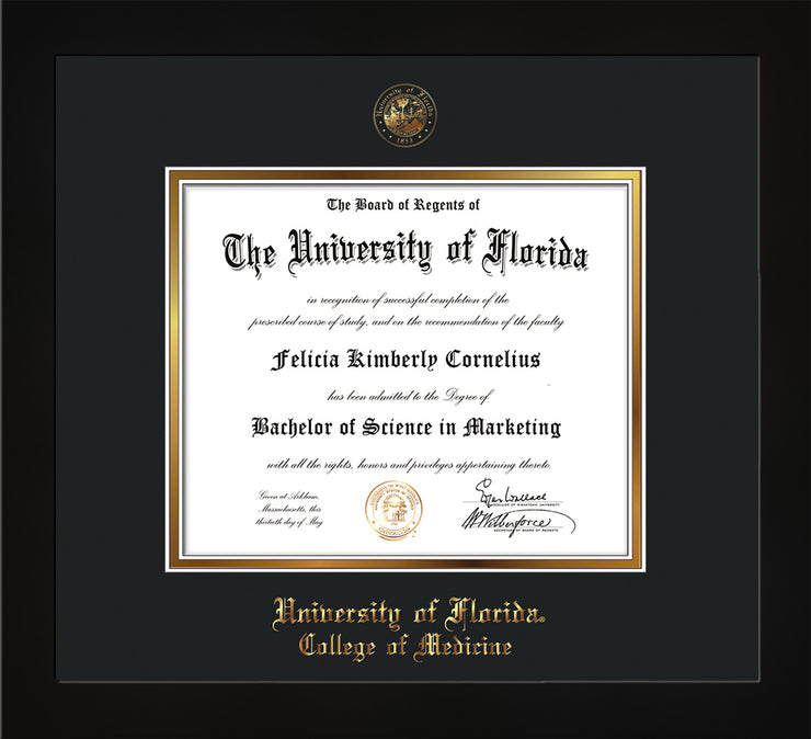 Image of University of Florida Diploma Frame - Flat Matte Black - w/UF Embossed Seal & College of Medicine Name - Black on Gold mat