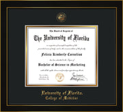Image of University of Florida Diploma Frame - Honors Black Satin - w/UF Embossed Seal & College of Medicine Name - Black on Gold mat