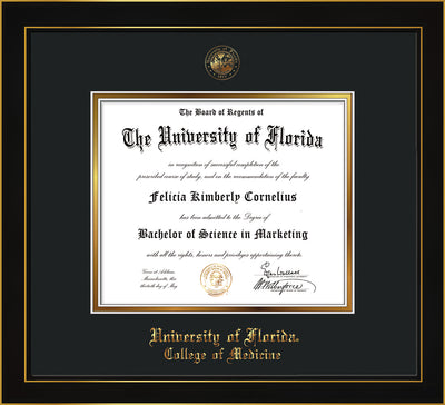 Image of University of Florida Diploma Frame - Honors Black Satin - w/UF Embossed Seal & College of Medicine Name - Black on Gold mat