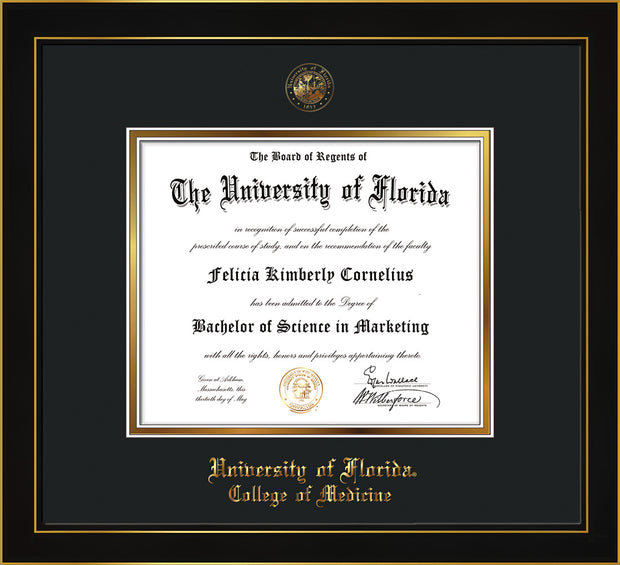 Image of University of Florida Diploma Frame - Honors Black Satin - w/UF Embossed Seal & College of Medicine Name - Black on Gold mat