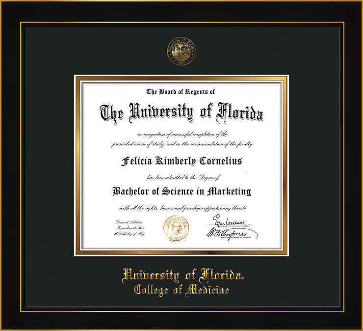 Image of University of Florida Diploma Frame - Honors Black Satin - w/UF Embossed Seal & College of Medicine Name - Black on Gold mat