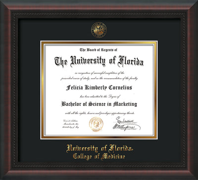 Image of University of Florida Diploma Frame - Mahogany Braid - w/UF Embossed Seal & College of Medicine Name - Black on Gold mat