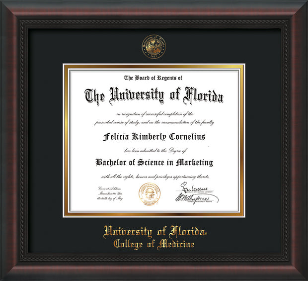Image of University of Florida Diploma Frame - Mahogany Braid - w/UF Embossed Seal & College of Medicine Name - Black on Gold mat