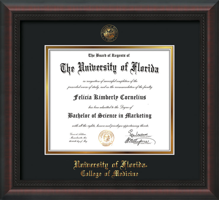 Image of University of Florida Diploma Frame - Mahogany Braid - w/UF Embossed Seal & College of Medicine Name - Black on Gold mat