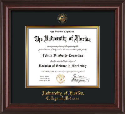 Image of University of Florida Diploma Frame - Mahogany Lacquer - w/UF Embossed Seal & College of Medicine Name - Black on Gold mat