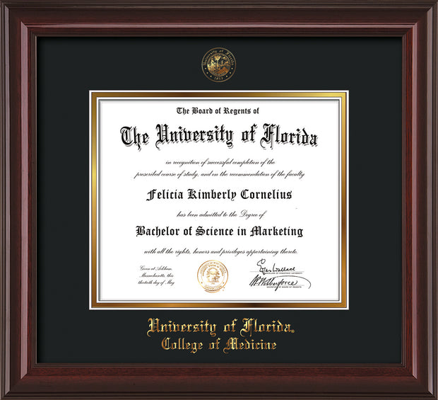 Image of University of Florida Diploma Frame - Mahogany Lacquer - w/UF Embossed Seal & College of Medicine Name - Black on Gold mat