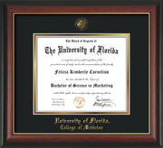 Image of University of Florida Diploma Frame - Rosewood with Gold Lip - w/UF Embossed Seal & College of Medicine Name - Black on Gold mat