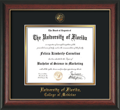 Image of University of Florida Diploma Frame - Rosewood with Gold Lip - w/UF Embossed Seal & College of Medicine Name - Black on Gold mat