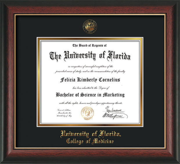 Image of University of Florida Diploma Frame - Rosewood with Gold Lip - w/UF Embossed Seal & College of Medicine Name - Black on Gold mat