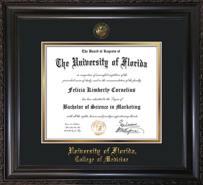 Image of University of Florida Diploma Frame - Vintage Black Scoop - w/UF Embossed Seal & College of Medicine Name - Black on Gold mat