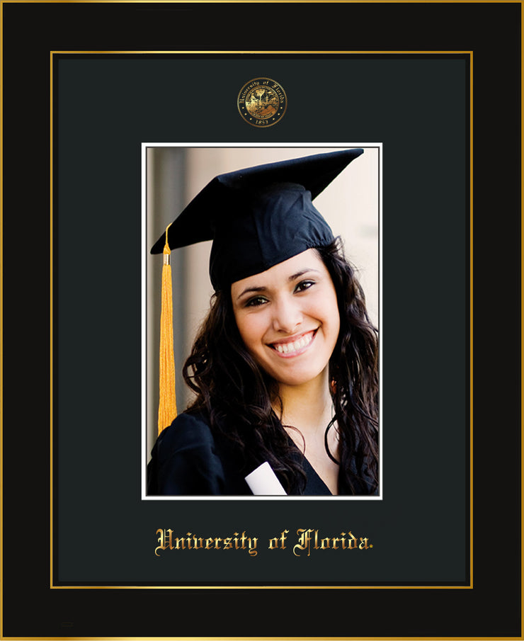 Image of University of Florida 5 x 7 Photo Frame - Honors Black Satin - w/Official Embossing of UF Seal & Name - Single Black mat
