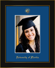 Image of University of Florida 5 x 7 Photo Frame - Honors Black Satin - w/Official Embossing of UF Seal & Name - Single Royal Blue mat