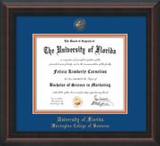 Image of University of Florida Diploma Frame - Mahogany Braid - w/UF Embossed Seal & College of Business Name - Royal Blue on Orange mat