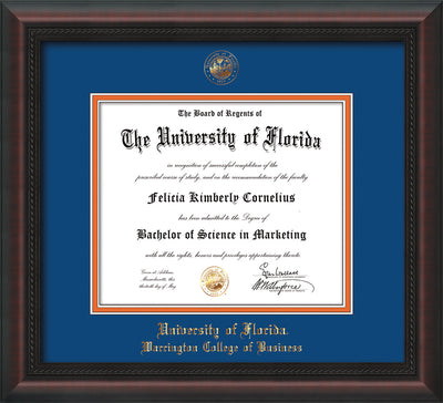 Image of University of Florida Diploma Frame - Mahogany Braid - w/UF Embossed Seal & College of Business Name - Royal Blue on Orange mat