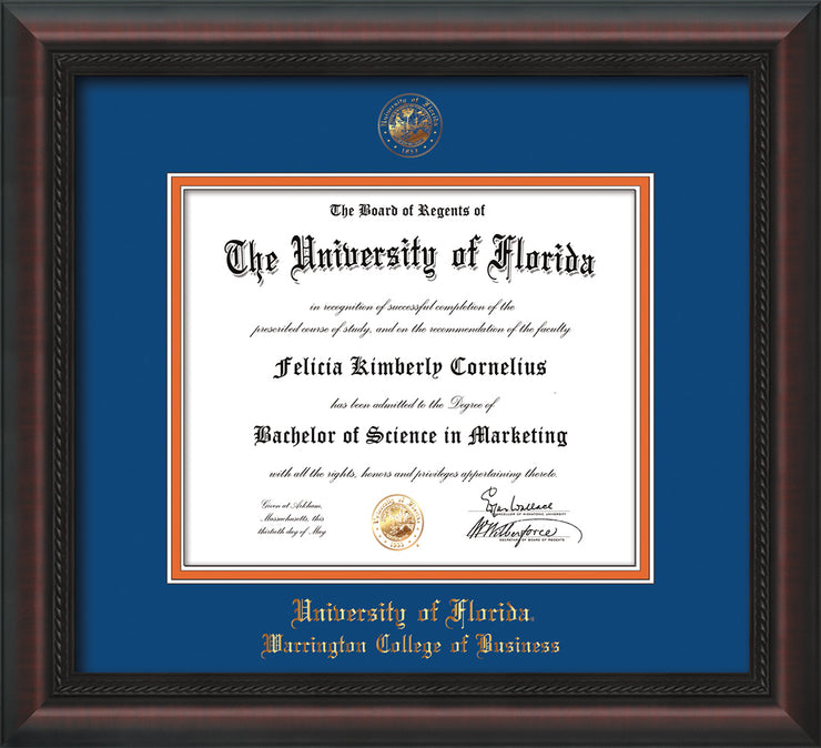 Image of University of Florida Diploma Frame - Mahogany Braid - w/UF Embossed Seal & College of Business Name - Royal Blue on Orange mat