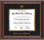 Image of University of Florida Diploma Frame - Cherry Lacquer - w/UF Embossed Seal & Name - Black Suede on Gold mat