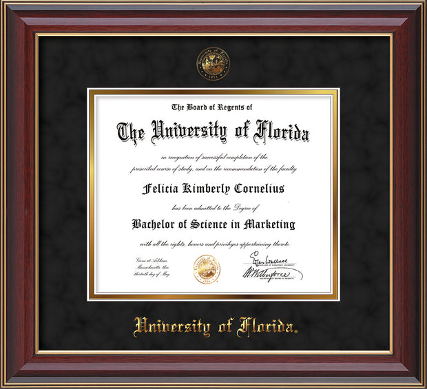 Image of University of Florida Diploma Frame - Cherry Lacquer - w/UF Embossed Seal & Name - Black Suede on Gold mat