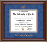 Image of University of Florida Diploma Frame - Cherry Lacquer - w/UF Embossed Seal & Name - Royal Blue Suede on Orange mat