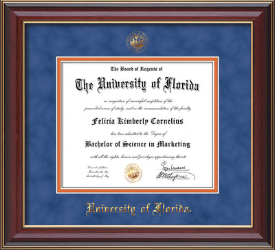 Image of University of Florida Diploma Frame - Cherry Lacquer - w/UF Embossed Seal & Name - Royal Blue Suede on Orange mat