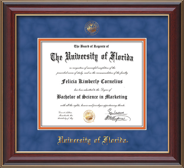 Image of University of Florida Diploma Frame - Cherry Lacquer - w/UF Embossed Seal & Name - Royal Blue Suede on Orange mat