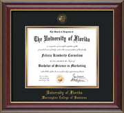 Image of University of Florida Diploma Frame - Cherry Lacquer - w/UF Embossed Seal & College of Business Name - Black on Gold mat