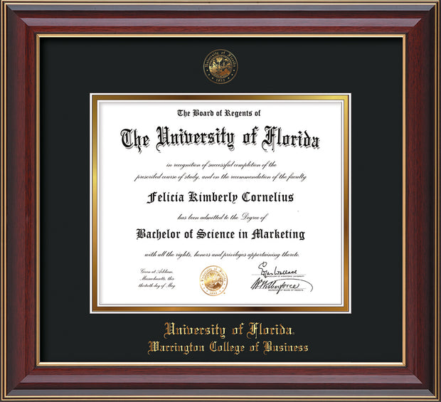 Image of University of Florida Diploma Frame - Cherry Lacquer - w/UF Embossed Seal & College of Business Name - Black on Gold mat
