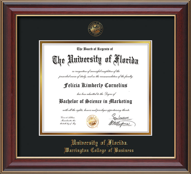 Image of University of Florida Diploma Frame - Cherry Lacquer - w/UF Embossed Seal & College of Business Name - Black on Gold mat