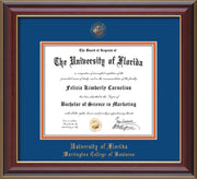 Image of University of Florida Diploma Frame - Cherry Lacquer - w/UF Embossed Seal & College of Business Name - Royal Blue on Orange mat