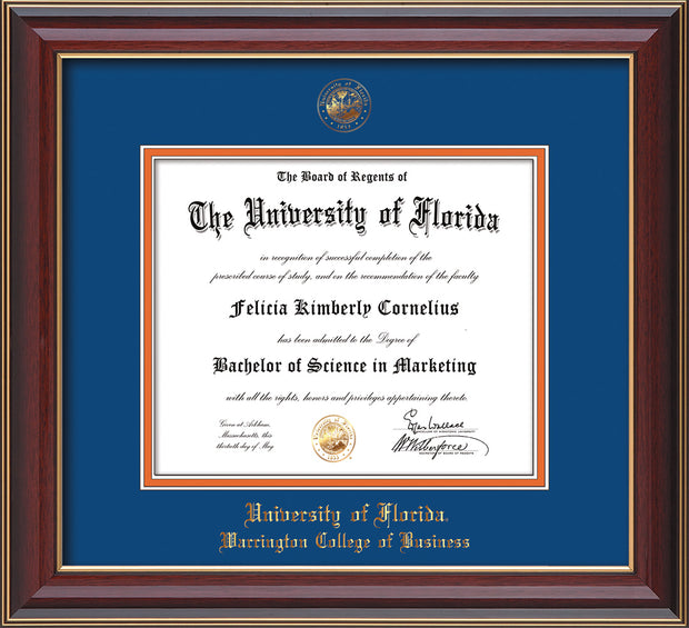 Image of University of Florida Diploma Frame - Cherry Lacquer - w/UF Embossed Seal & College of Business Name - Royal Blue on Orange mat