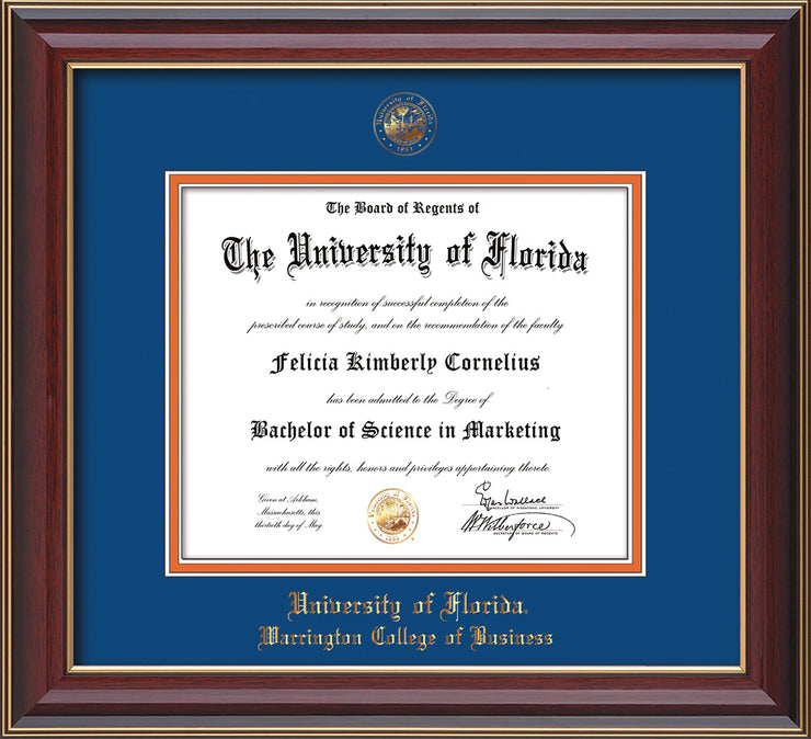 Image of University of Florida Diploma Frame - Cherry Lacquer - w/UF Embossed Seal & College of Business Name - Royal Blue on Orange mat