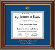 Image of University of Florida Diploma Frame - Cherry Lacquer - w/UF Embossed Seal & College of Medicine Name - Royal Blue on Orange mat