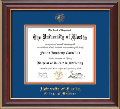 Image of University of Florida Diploma Frame - Cherry Lacquer - w/UF Embossed Seal & College of Medicine Name - Royal Blue on Orange mat