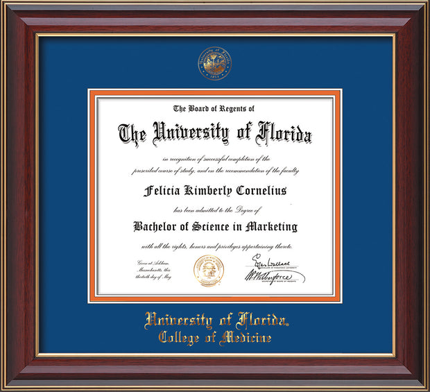 Image of University of Florida Diploma Frame - Cherry Lacquer - w/UF Embossed Seal & College of Medicine Name - Royal Blue on Orange mat