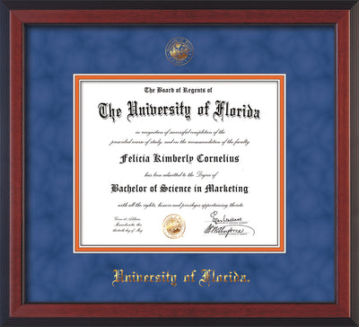 Image of University of Florida Diploma Frame - Cherry Reverse - w/UF Embossed Seal & Name - Royal Blue Suede on Orange mat