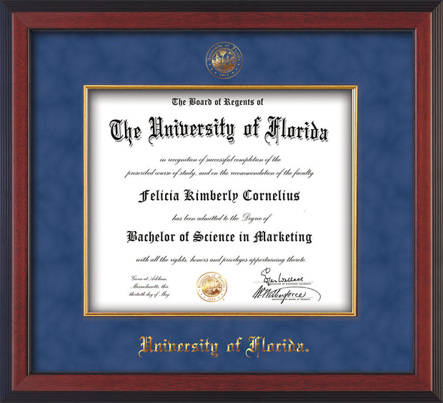 Image of University of Florida Diploma Frame - Cherry Reverse - w/Embossed UF Seal & Name - Fillet - Royal Blue Suede mat