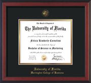 Image of University of Florida Diploma Frame - Cherry Reverse - w/UF Embossed Seal & College of Business Name - Black on Gold mat