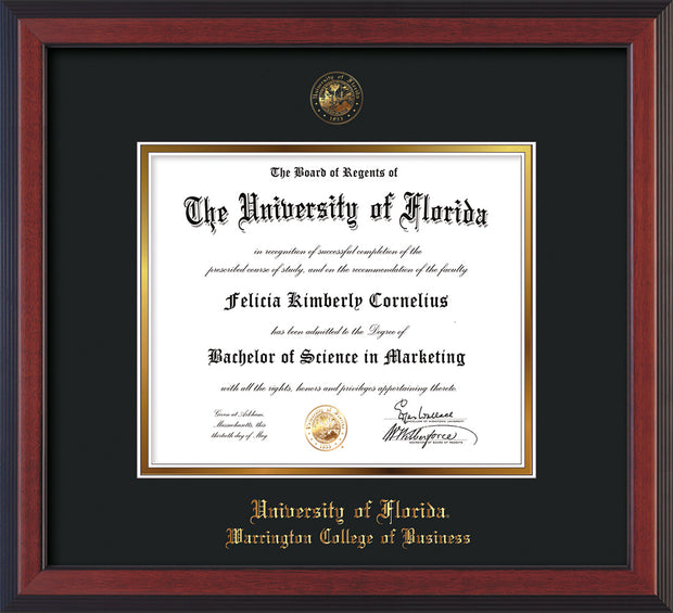 Image of University of Florida Diploma Frame - Cherry Reverse - w/UF Embossed Seal & College of Business Name - Black on Gold mat