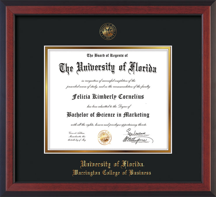 Image of University of Florida Diploma Frame - Cherry Reverse - w/UF Embossed Seal & College of Business Name - Black on Gold mat