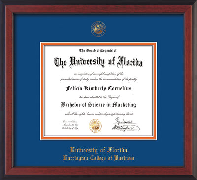 Image of University of Florida Diploma Frame - Cherry Reverse - w/UF Embossed Seal & College of Business Name - Royal Blue on Orange mat