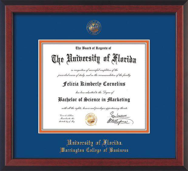 Image of University of Florida Diploma Frame - Cherry Reverse - w/UF Embossed Seal & College of Business Name - Royal Blue on Orange mat