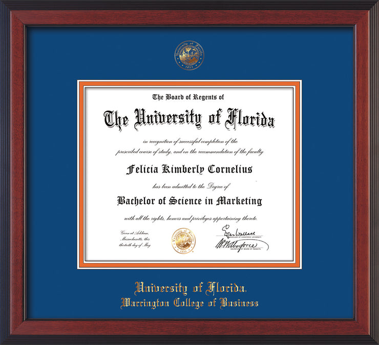 Image of University of Florida Diploma Frame - Cherry Reverse - w/UF Embossed Seal & College of Business Name - Royal Blue on Orange mat
