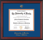 Image of University of Florida Diploma Frame - Cherry Reverse - w/UF Embossed Seal & College of Medicine Name - Royal Blue on Orange mat