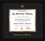 Image of University of Florida Diploma Frame - Flat Matte Black - w/UF Embossed Seal & Name - Black Suede on Gold mat
