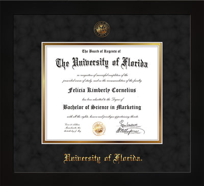 Image of University of Florida Diploma Frame - Flat Matte Black - w/UF Embossed Seal & Name - Black Suede on Gold mat