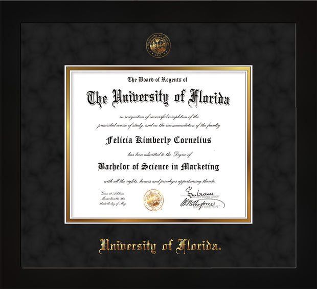 Image of University of Florida Diploma Frame - Flat Matte Black - w/UF Embossed Seal & Name - Black Suede on Gold mat